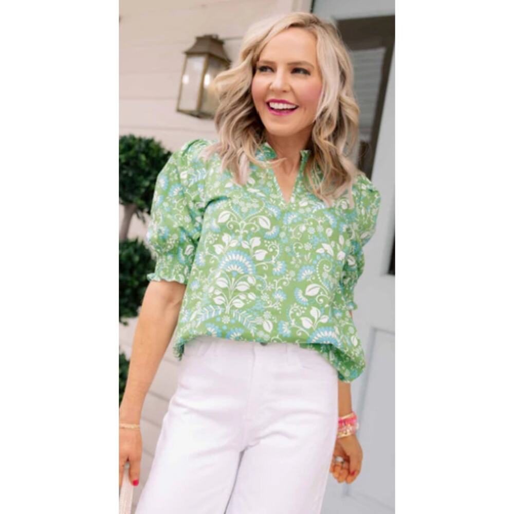 AVARA Women’s Green Blue Floral Boho Peasant Blouse Size Large 100% Cotton